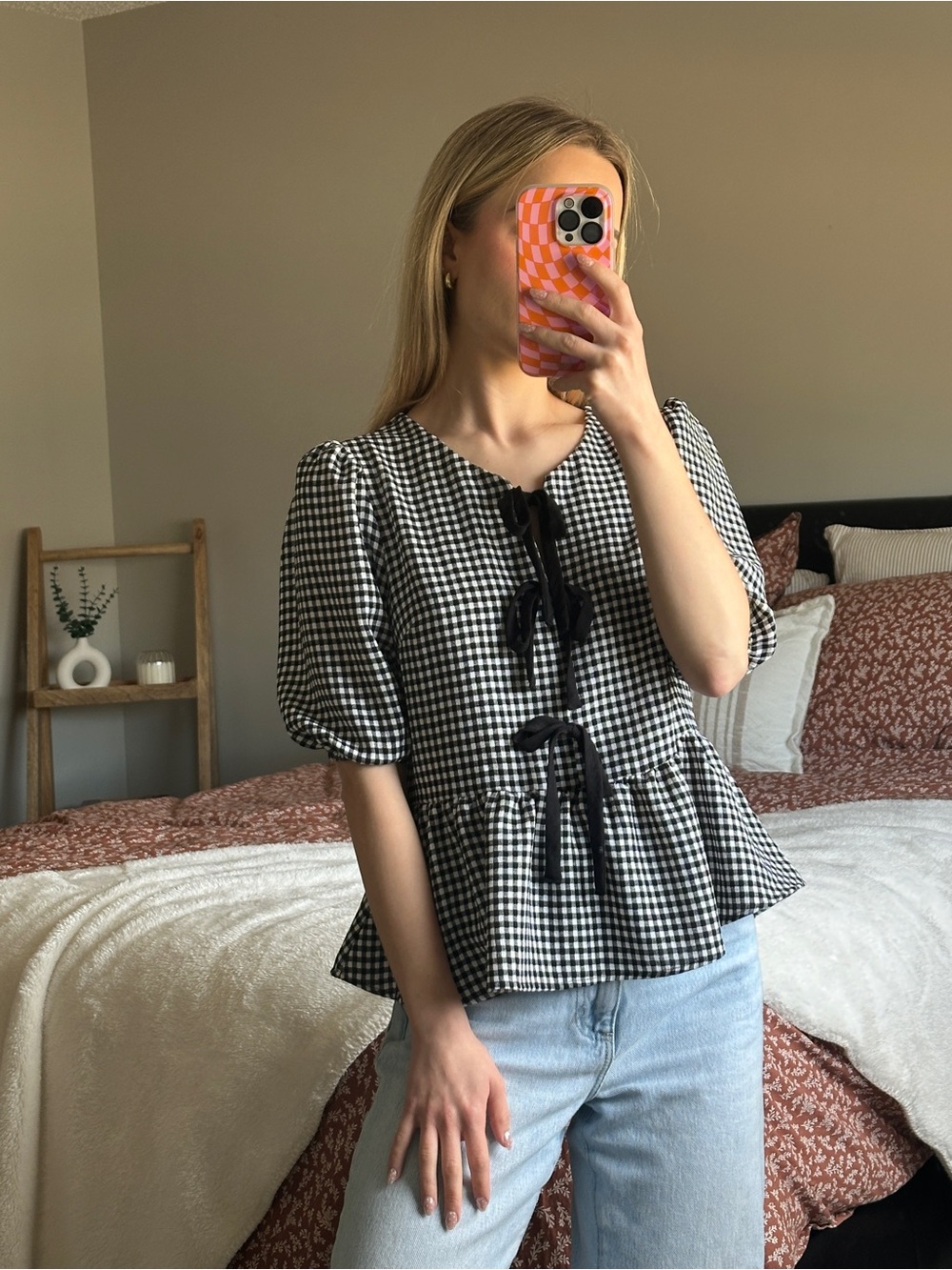 Monteau Black & White Gingham Tie-Front Peplum Blouse